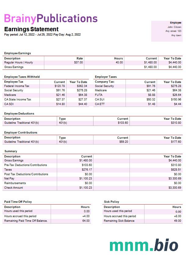 szablon Paystub firmy wydawniczej w formatach Word i PDF